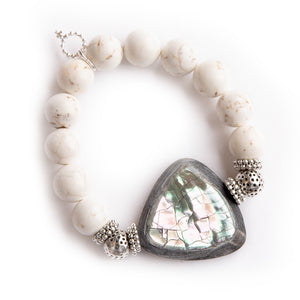 12mm White Howlite paired with silver accents and abalone