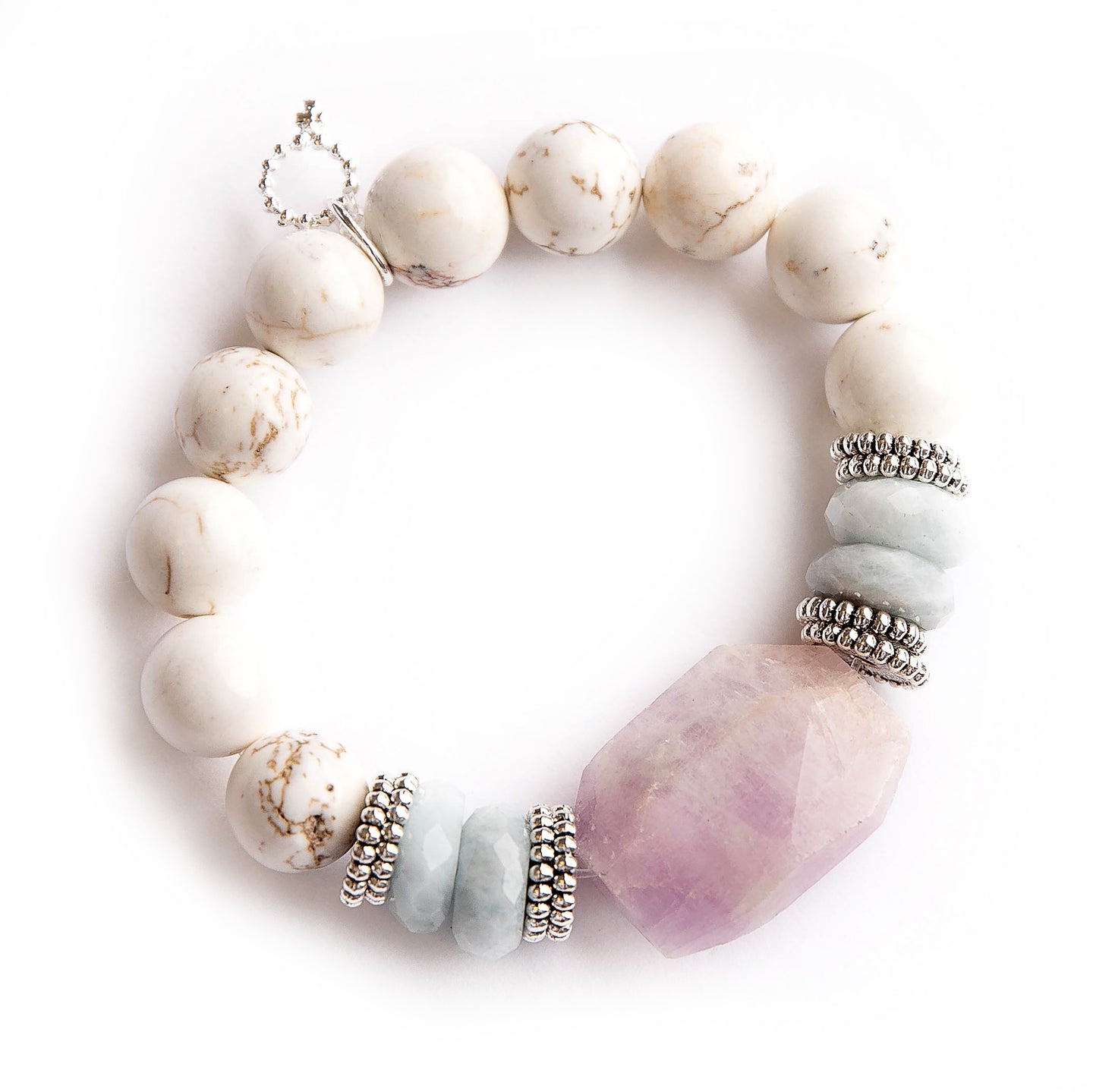 12mm White Howlite paired with silver accents and lavender agate