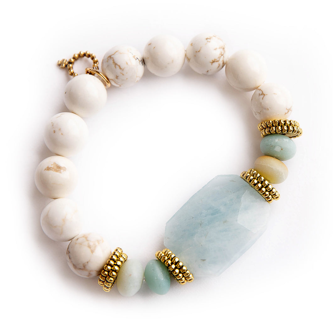 12mm White Howlite paired with brass accents and ice blue agate