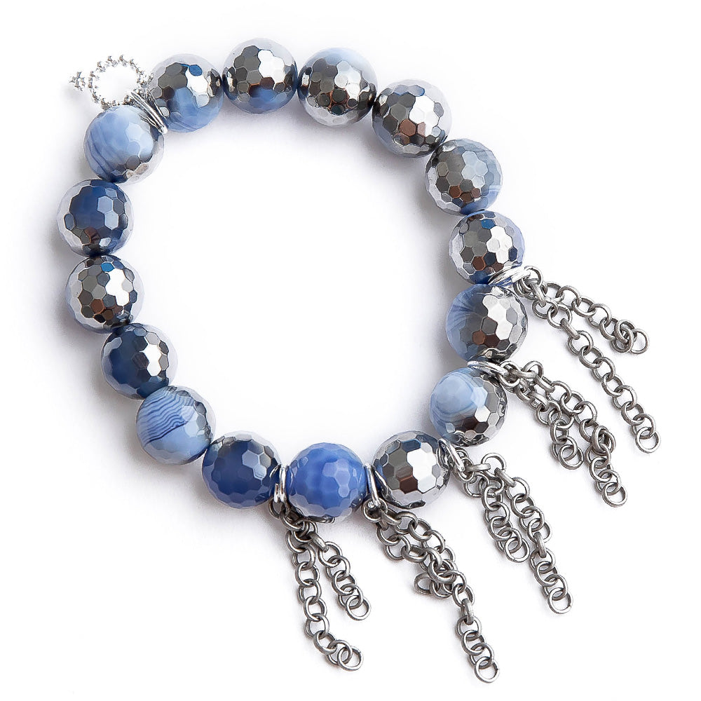 12mm Faceted Glacier Agate with Gunmetal Fringe