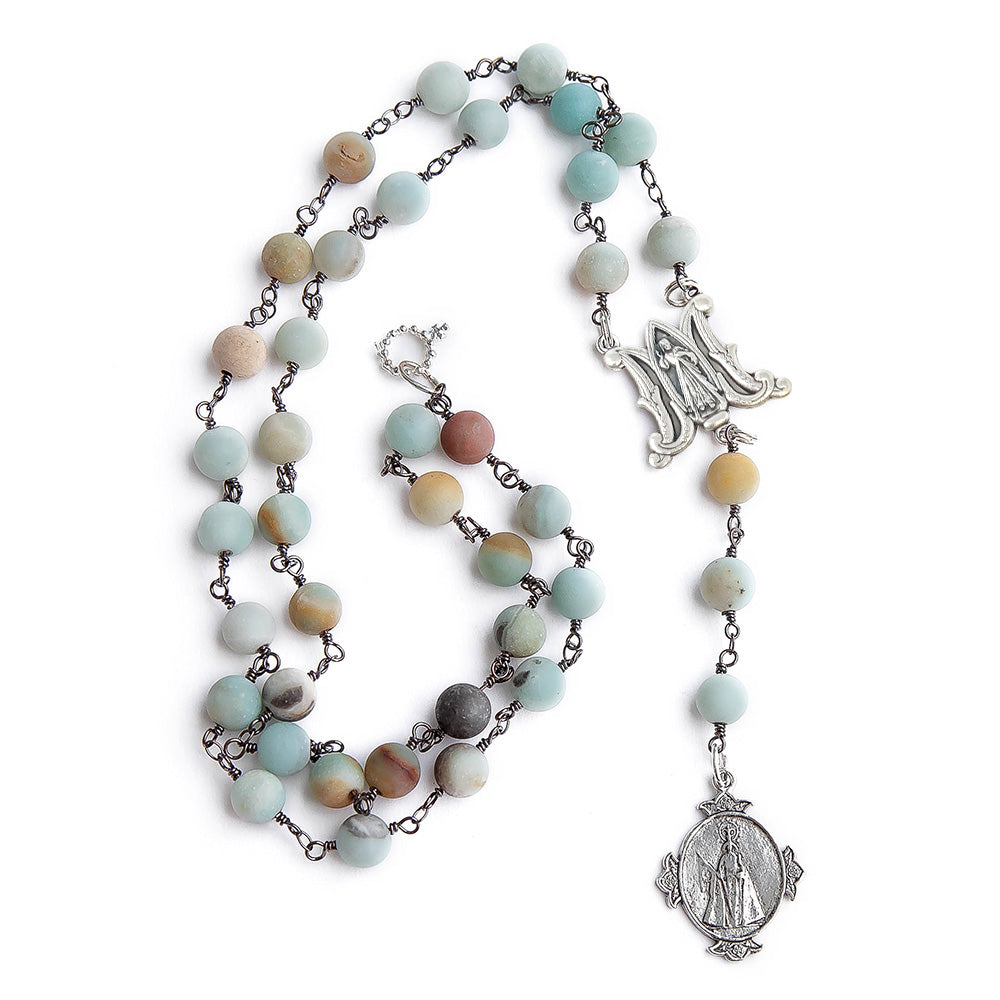 Amazonite and gunmetal rosary chain necklace with silver Infant of Prague pendant