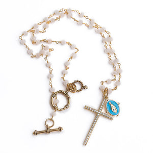 Faceted white jade rosary chain with gold pave cross and blue enameled mary