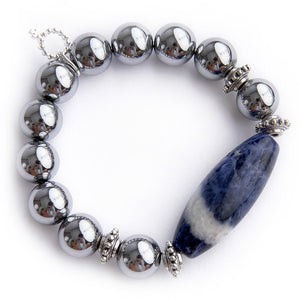 Silver hematite with dumortierite barrel statement and silver accents