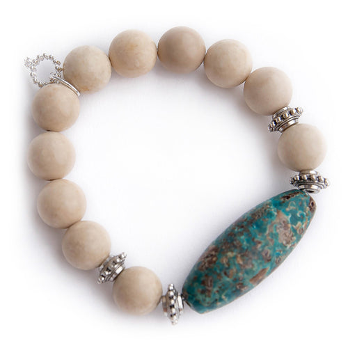 Cream coral with aqua mocha barrel statement and silver accents